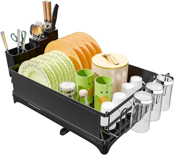 Simple Trending Dish Drying Rack, Dish Drainer for Kitchen Counter, Dish Rack with Tray for Large Capacity, Black