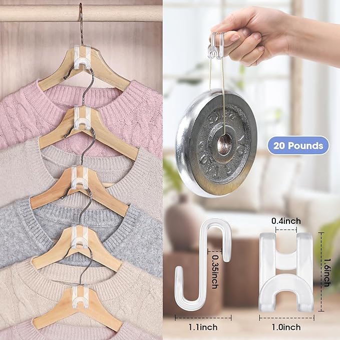 100Pcs Clothes Hanger Connector Hooks, Plastic Space Saving Heavy Duty Hanger Extender Clips for Closet Organizers, Clear