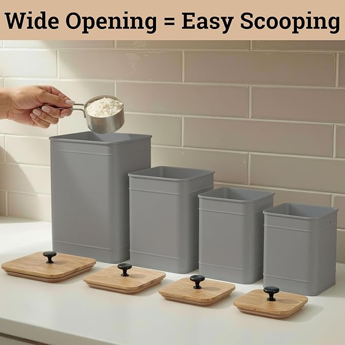 Kitchen Canisters for Countertop Set of 4 with Customizable Chalkboard Labels & Marker Pen - Big Iron Kitchen Canisters with Airtight Lids - Gray Canister Set - Flour and Sugar Containers Farmhouse