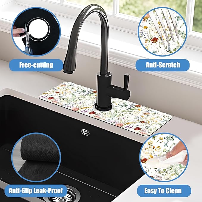 Sink Faucet Absorbing Mat Wildflower Sink Splash Guard Drying Mat for Kitchen Bathroom Faucet Sinkmat 15.5"X5.5"