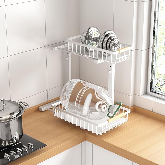 Under Sink Organizers,5 Adjustable Height，Metal Pull Out Under Sink Organizers and Storage Shelves with Sliding Drawer, White 1pack（Hight 13.6″-16.9″）