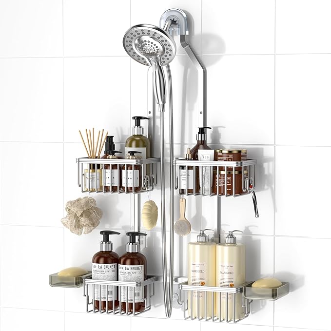 REINHARDT Aluminum Shower Caddy Hanging Adjustable Shower Caddy, Rustproof Hanging Shower Organizer with Hooks Soap Holders, Over Shower Head Caddy for Handheld Showerhead, Silver