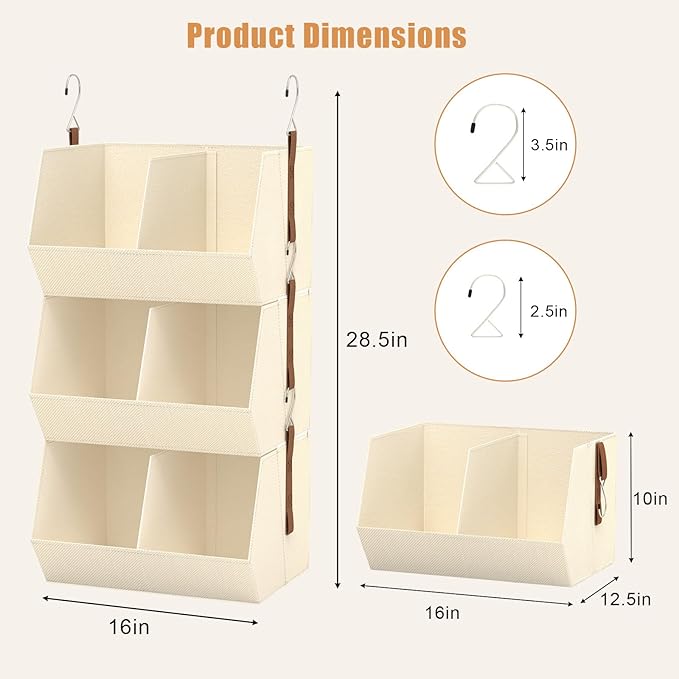 1 Pack,Hanging Closet Organizer 3 Tier,Disassemblable Clothes Hanging Shelves,Space-Saving Closet System, Fabric Storage Bins Bedroom Organization,Collapsible Baskets for Home, Dorm, Rv,Beige