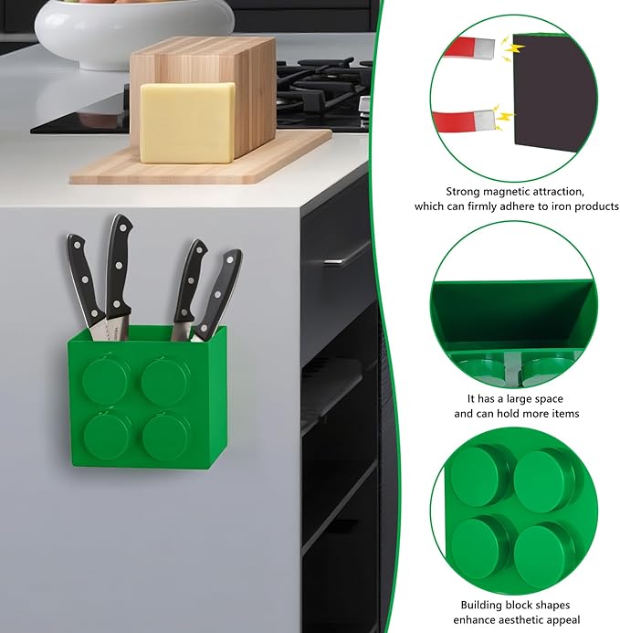 Magnetic Basket Organizer for Fridge - Lego-Style ABS Plastic Storage Box,No Drill Design for Kitchen Counter, Microwave & Whiteboard, Holds Up to 3.5 lbs (Green)