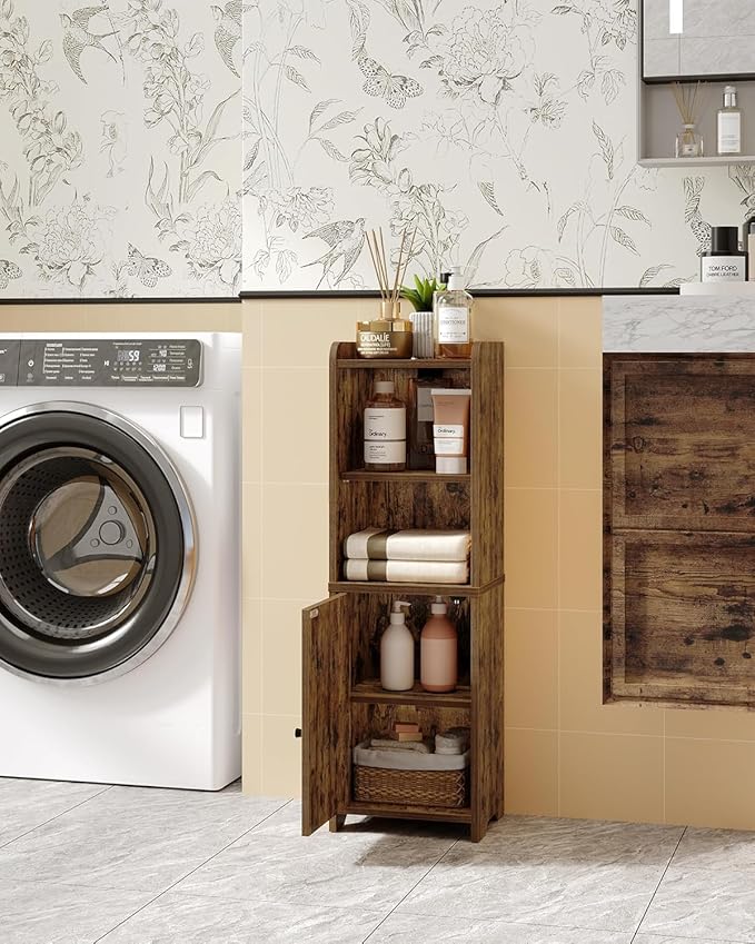 Bathroom Storage Cabinet, Corner Floor Cabinet with Doors and Adjustable Shelf, Narrow Toilet Paper Cabinets, Bathroom Organizer for Small Spaces, Rustic Brown BC39701X