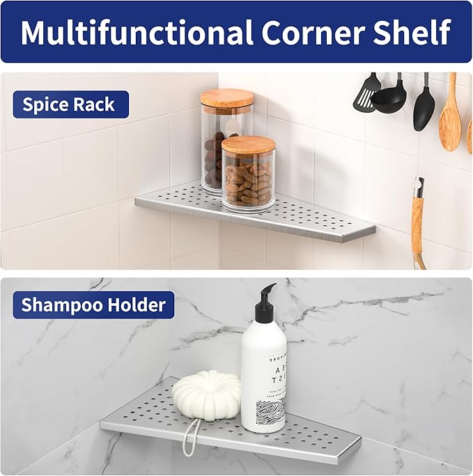 Bernkot Corner Shower Shelf, 12" Trapezoid Grout in Shelf, 304 Stainless Steel Grid Design Recessed Bathroom Shelf for Tiled Wall