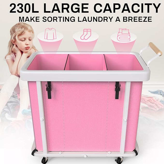 230L (60 Gal) Extra Large Fashion Laundry Sorter 3 Section with Lid, Rolling Laundry Basket Hamper with Handle, Laundry Organizer Storage Cart with Sturdy Metal Frame for Laundry Room,Hotel,Pink