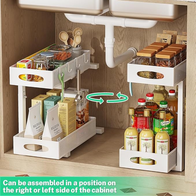 Under Sink Organizer 2 Tier, Pull Out Cabinet Storage with 5-Level Adjustable Height, Thickened Carbon Steel Sliding Under Cabinet Shelf for Kitchen, Bathroom, Laundry Room, White, 2-Pack