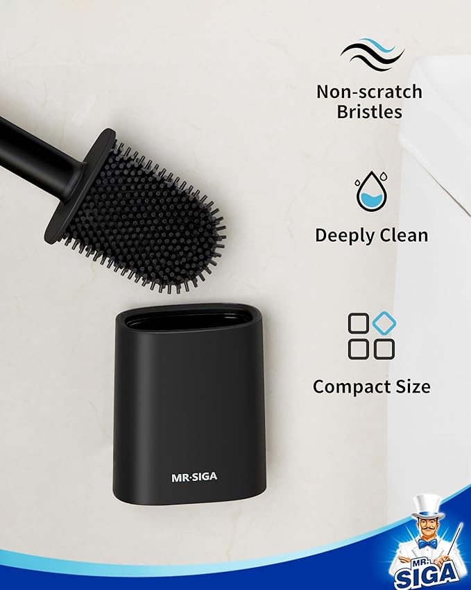 MR.SIGA Toilet Brush and Holder Set, Wall Mounted Toilet Bowl Brush, Compact Toilet Scrub Brush with Holder for Bathroom, Black, 2 Pack
