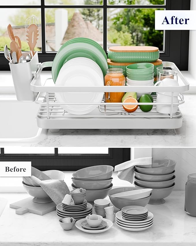 Kitsure Dish Drying Rack - Compact Dish Rack with Utensil Holder & Adjustable Water Outlet, Rust-Proof & Scratch-Resistant Drying Rack for Kitchen, 14.5" x 12.0" x 4.0", Sliver