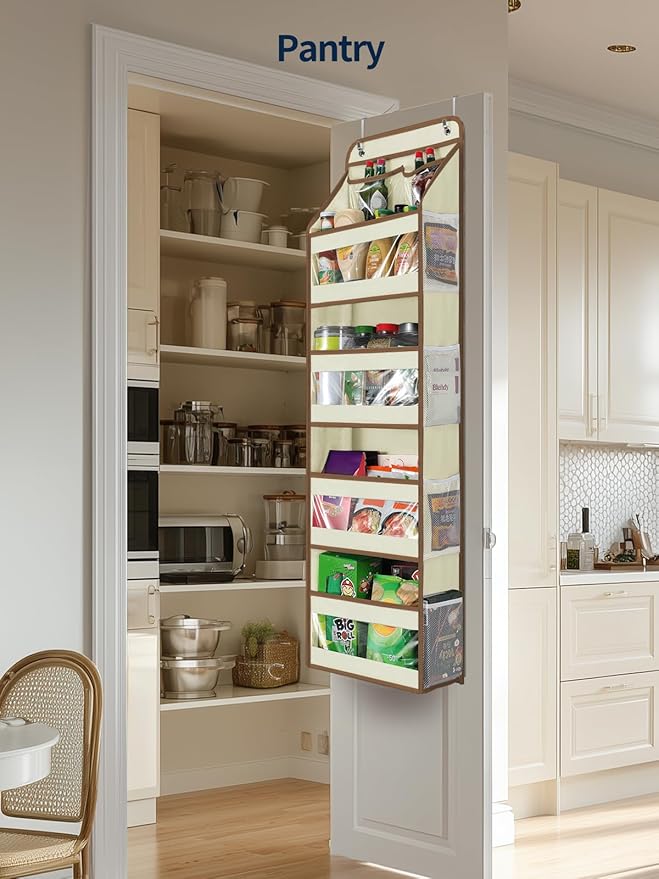 Yecaye 5 Tier 1Pc Over the Door Organizer, Swing-proof Door Organizer Hanging with Clear PVC Windows, Behind the Door Storage for Bedroom Nursery Closet Laundry Pantry Bathroom, Beige