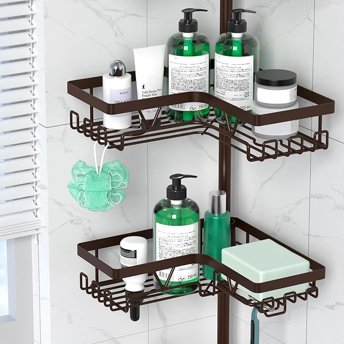 Corner Shower Caddy Tension Pole - Adjustable 4-Tier Shower Shelf Stainless Steel Corner Tension Rod Bathroom Organizer Shampoo Holder with Soap Holders & Hooks for Bath, Tub, Floor Space Saving