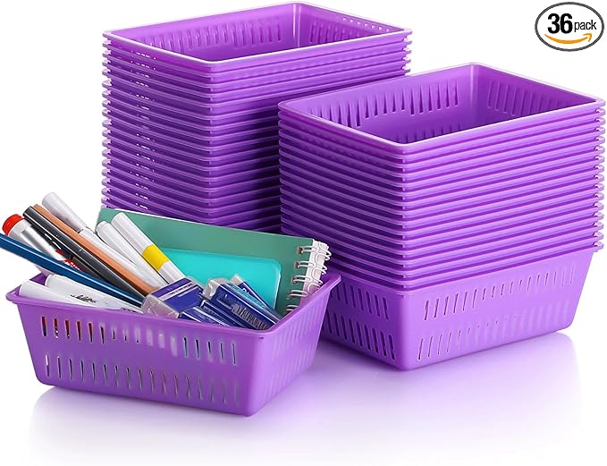 Sherr 36 Pack Classroom Storage Basket Small Plastic Basket for Organizing Crayon Pencil Container Storage Bin Tray Holder for Paper Shelf Back to School Office Supply 6.1"l x 4.3"w x 2.4"h(Purple)