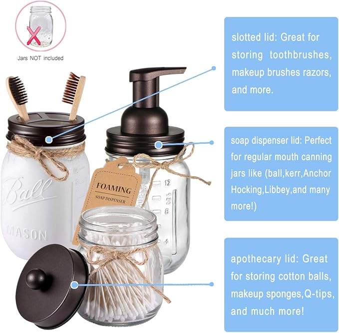 Mason Jar Bathroom Accessories Set(4pcs)- Jars Not Included - Foaming Soap Dispenser,Toothbrush Holder, and Apothecary Storage Jars Lids -Rustic Farmhouse Decor,Brown