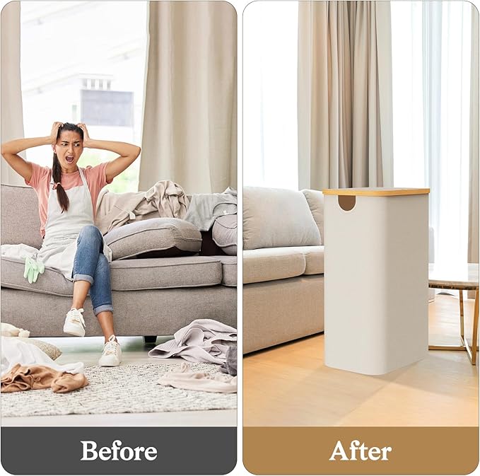 Laundry Basket with Lid, 75L Slim Laundry Hamper with Removable Bag, Travel Dirty Clothes Basket with Bamboo Handles for Bathroom, Bedroom & Laundry Room, Beige