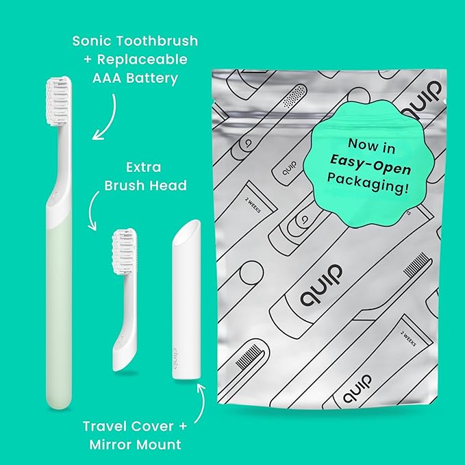 Quip Sonic Electric Toothbrush for Adults - Time Travel & Soft Bristles with Travel Case & Replacement Brush Head - 3 Month Battery Life, Plastic Handle - Sage