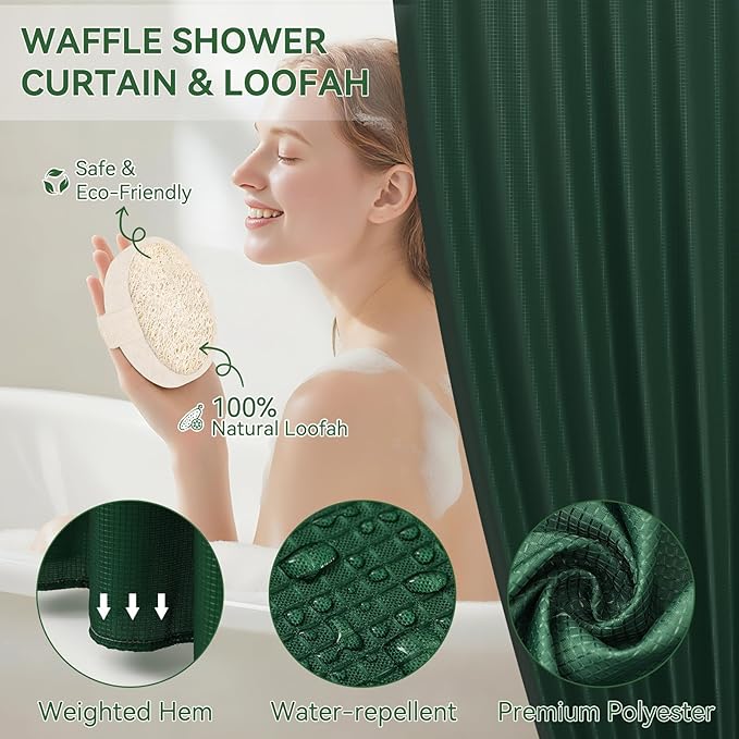 Green Bathroom Set, Dark Green Bathroom Accessories Set with Shower Curtain and No-Slip Bath Rugs, Natural Loofah Sponge, Soap Dispenser, Toothbrush Holder, Bathroom Tumbler and Tray for Bathroom