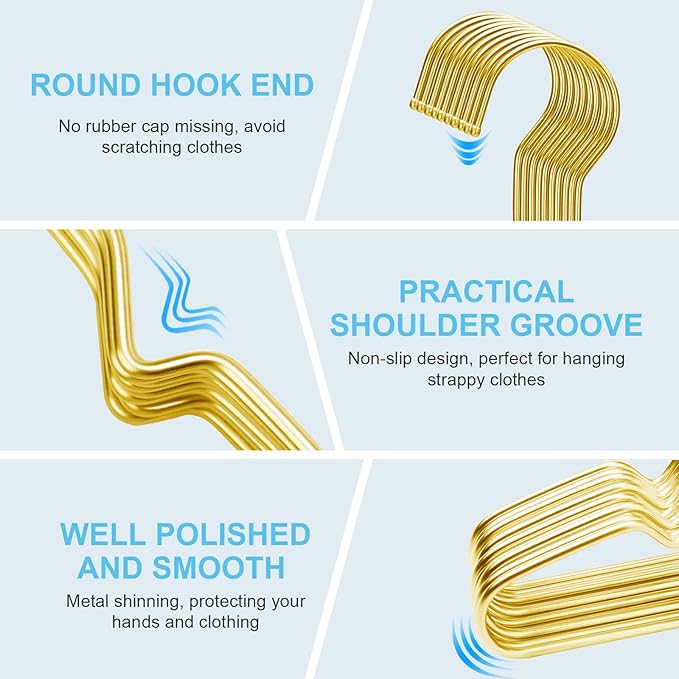 Gold Hangers for Clothes, Ultra Thin Metal Clothes Hangers Heavy Duty Coat Hanger for Dress Skirts Pants Bra Underwears, Space Saving Wire Suit Hangars Closet Organizer Dorm Room Essentials, 10 Pack
