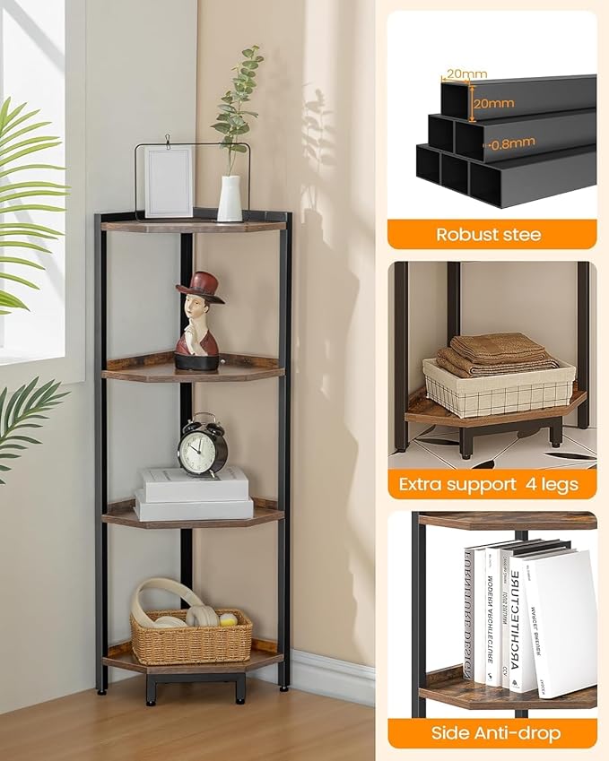 Corner Shelf Stand, Corner Bookshelf, Storage Standing Shelf Unit with Metal Frame, Plant Stand, Bookcase for Living Room, Home Office, Bedroom, 4-Tier Rustic Brown CS05801B