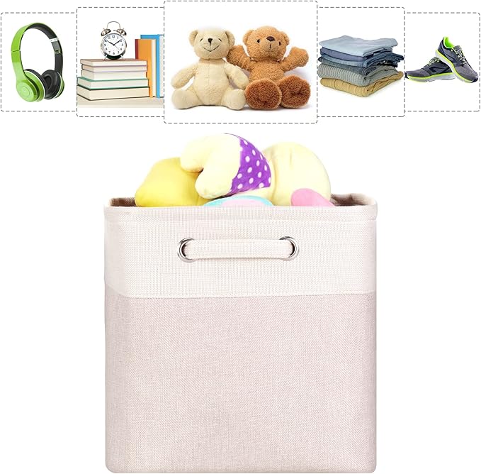 3 Pack 13x13x13 Storage Cube Bins with Handles, Beige Fabric Storage Baskets Heavy Duty Foldable - Cloth Organizer Bins for Closet, Shelf, Office (13 Inch Cube Storage Bins)