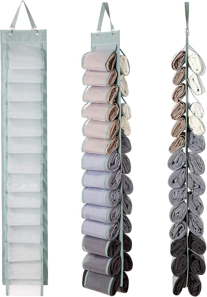 Legging Organizer Storage, T-Shirt Hanging Closet Hanging Clothes Organizer with 26 Roll Compartments for Yoga Pants, Tank Top, Towel, Underwear, Shirt (Grey)