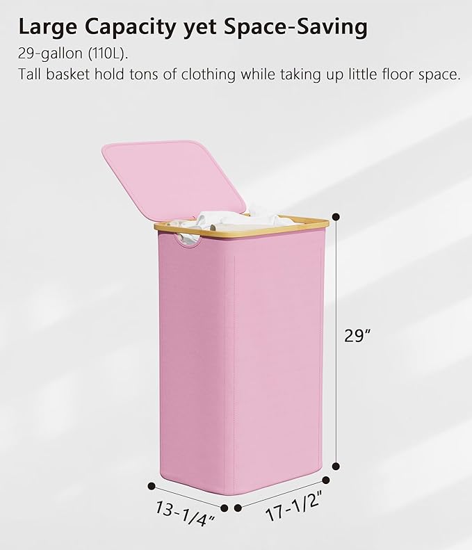 SUOCO Laundry Hamper with Lid, 29 Gal (110L) Clothes Basket with Bamboo Handles, Large Foldable Laundry Hamper for Bedroom, Bathroom, Dorm, Laundry Room - Pink