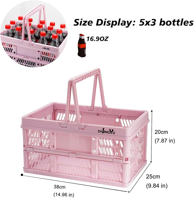 Pink crates for storage,plastic baskets for organizing,14.96" x9.84"x 7.87" collapsible shopping basket,20L foldable crate with Handles,Car Milk Dairy crate for Kitchen,Bathroom,school,office