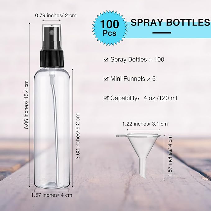 Layhit 100 Pcs Small Spray Bottles 4 Oz/120ml Clear Plastic Spray with 5 Pcs Small Funnels Mini Empty Fine Mist Bottles for Essential Oils Travel Perfumes
