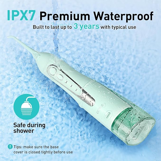 COSLUS Water Dental Flosser Teeth Pick C20(F5020E): Portable Cordless Oral Irrigator 300ML Rechargeable Travel Irrigation Cleaner IPX7 Waterproof Electric Flossing Machine for Teeth Cleaning, Green