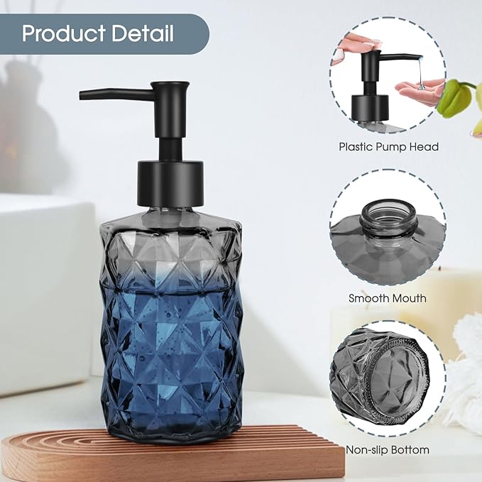 Topsky 2 Pack Glass Soap Dispenser with Black Plastic Pump, 330ml Liquid Hand Soap Dispenser, Rustproof Pump for Kitchen & Bathroom, Great for Lotions, Essential Oil, Liquid Soaps-Gray