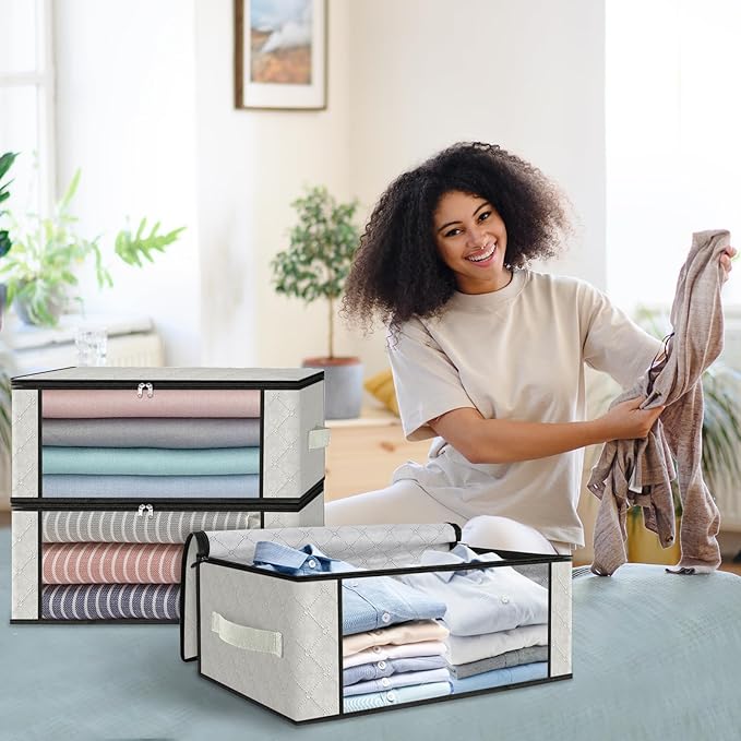 HomeHacks Storage 3-Pack Clothes Organizer Storage Bags Foldable Storage Box with Large Clear Window Sturdy Handles for Closet, Dorm, Pillows, Bedding, Clothes, Blankets, 35L, Ivory