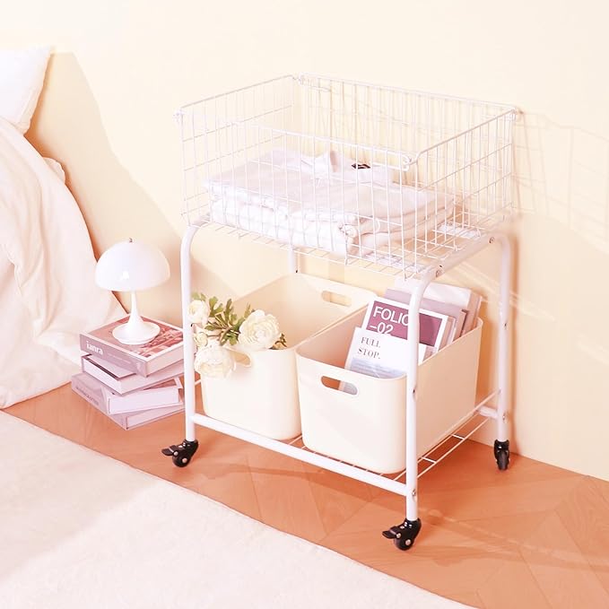 31" tall hennze one layer rolling wire laundry basket,easy moved wire laundry cart for clothes,pants laundry. children toys organization cart,metal cart with metal frame,enlarge the storage (white)