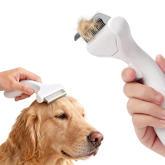 Pet Grooming Combo Tool for Cats and Dogs, Deshedding and Dematting Rake with Metal Comb forDetangling Long, Matted Fur (White)