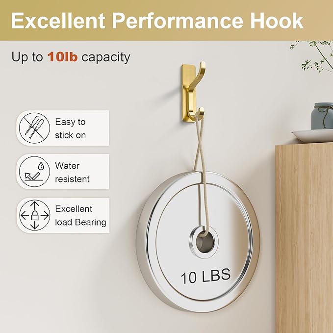 pickpiff Adhesive Wall Coat Hooks - Heavy Duty Stick-On Door Hanger, Metal Hook for Hanging Towel,Purse, Robe, Backpack, Jacket, Clothes - for Bathroom,Dorm, Closet, Kitchen - Gold, 6 Pack