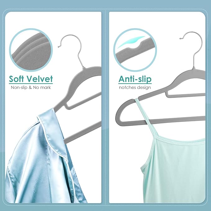 Velvet Hangers Non Slip Felt Hangers, 30 Pack Grey Velvet Clothes Hangers Space Saving Slim with 360 Degree Swivel Hook for Suits Coats, Jackets, Pants, and Dress Clothes