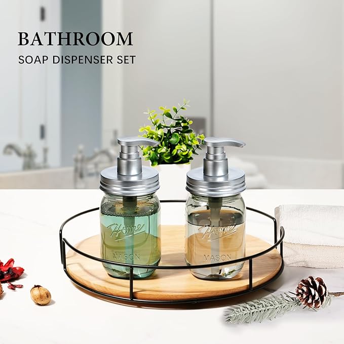 Amolliar Plastic Mason Jar Soap Dispenser with Pump Lid,16OZ Refillable Hand Soap Dispenser Set with Cute Lables - Farmhouse Decor for Kitchen Bathroom, Liquid Soap, Dish Soap, Lotion (2 Pack, Silver)