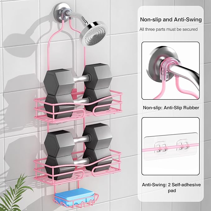 Over the Shower Head Caddy Pink - Shower Caddy Hanging with 3 Soap Holders, Stainless Steel Bathroom Organizer and Storage, Rustproof