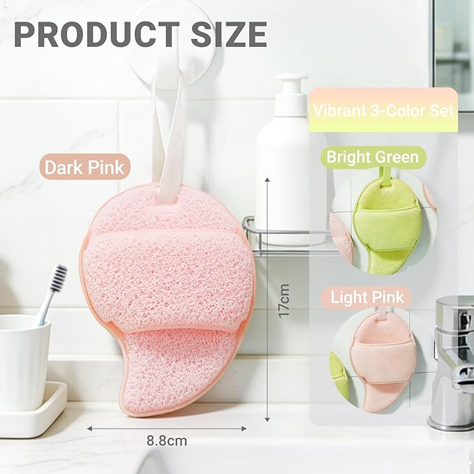 Facial Cleansing Sponge Set 3, Reusable Face Scrubbers for Gentle Cleansing & Dead Skin Removal, Cleaning Puff Wash Pads Mango Shaped for Daily Face Wash(Pink & Green)