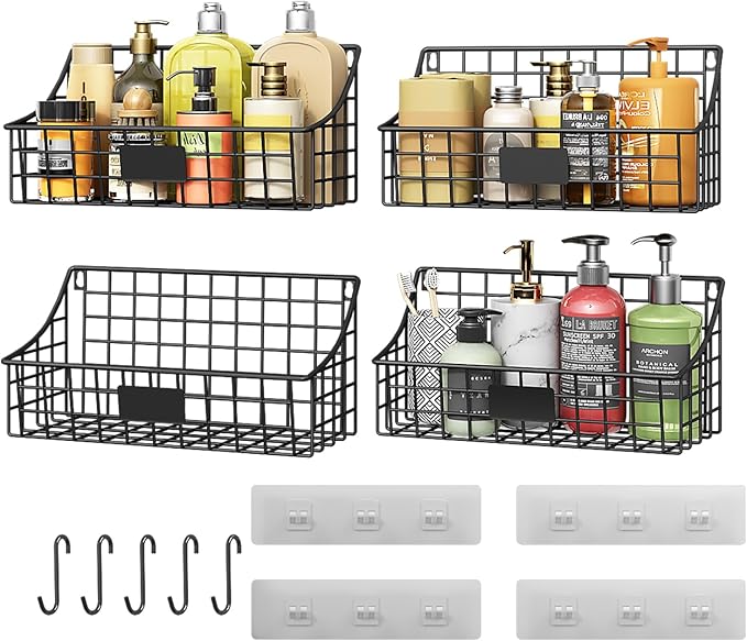 Hanging Wall Wire Basket-4Pack,Large Metal Organizer Baskets & Bathroom Shower Shelf with 4 Adhesive Hooks+5 S Hook, Wall Mounted Baskets & Shelves for Bathroom, Kitchen Storage