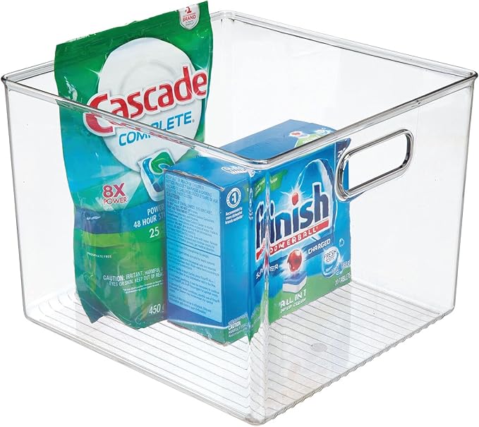 mDesign Plastic Modern Kitchen, Pantry Food Storage Container Bin w/ Handles - Cabinet, Fridge/Freezer, Countertop Organizer - Snacks/Drink/Appliances; Ligne Collection, Clear, 10x10x7.75 (Pack of 1)