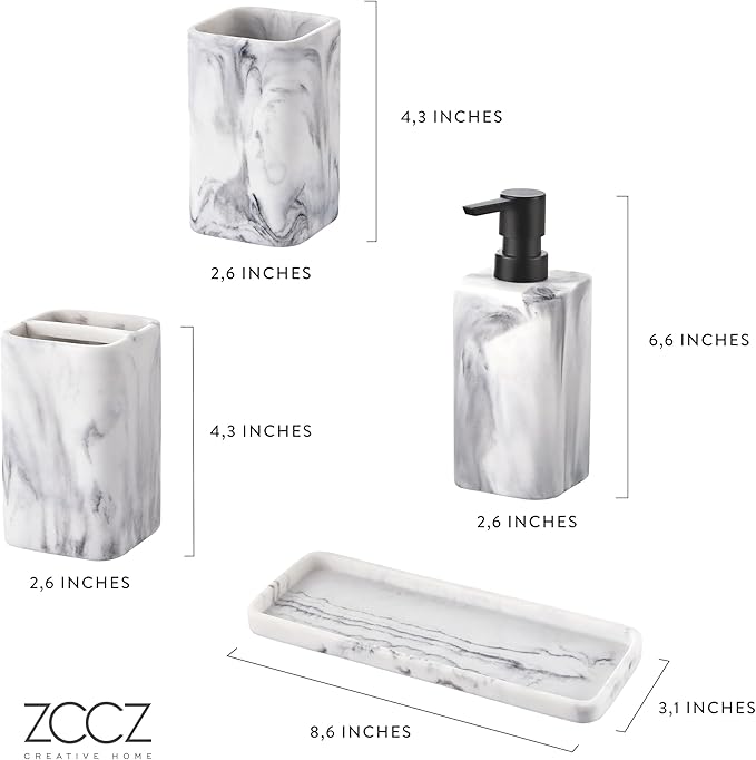 ZCCZ Bathroom Accessory Sets, 4 Pieces Bathroom Accessories Complete Set Vanity Countertop Accessory Set with Marble Look, Includes Lotion Dispenser Soap Pump, Tumbler, Toothbrush Holder and Tray