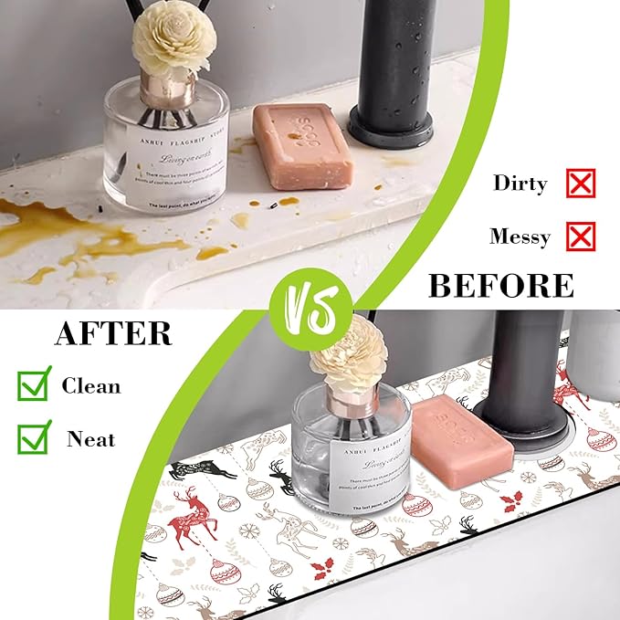 Chrismas Sink Faucet Absorbing Mat Christmas Sink Splash Guard Drying Mat for Kitchen Bathroom Faucet Sinkmat 23.5"X5.5"