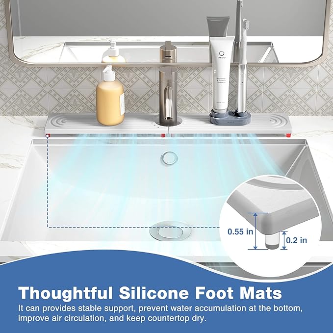 DK177 Diatomite Fast Drying Faucet Mat for Kitchen Sink, Water Absorbing Stone Tray, Faucet Splash Guard for Bathroom Counter, White, 23.6" x 4"