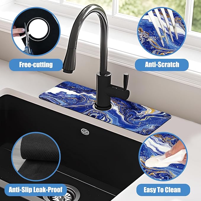 Sink Faucet Absorbing Mat Blue Gold Marble Sink Splash Guard Drying Mat for Kitchen Bathroom Faucet Sinkmat 15.5"X5.5"