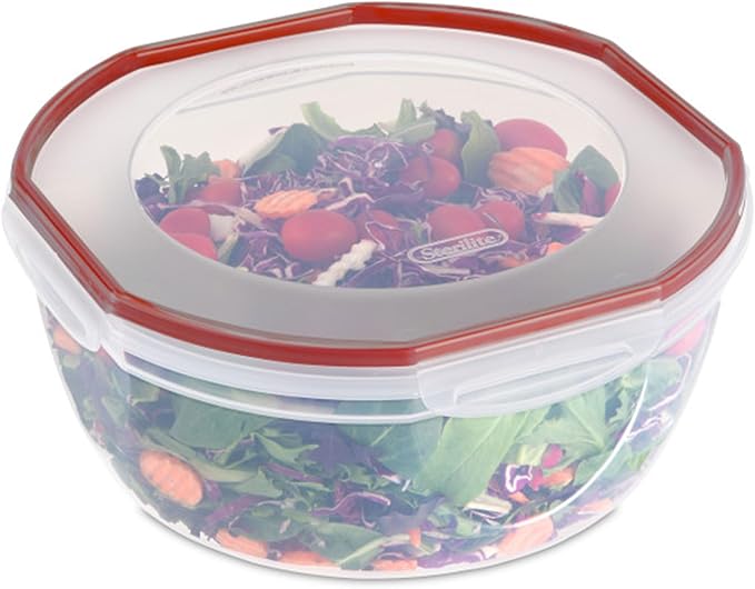 Sterilite Ultra-Seal 8.1 Qt Bowl, Large Airtight Food Storage Container, Latching Lid, Microwave and Dishwasher Safe, Clear With Red Gasket, 8-Pack