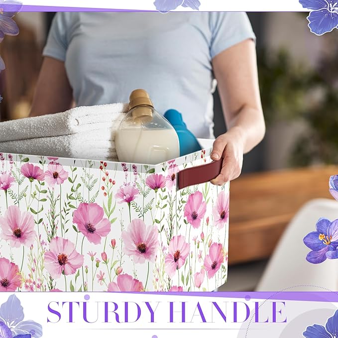 Boao 3 Pack Flowers Storage Basket with Handles, Herbs Floral Collapsible Large Canvas Storage Bins, Foldable Laundry Basket Organizer for Gifts, Toys, Clothing, Bedroom, Closet, Living Room, Nursery