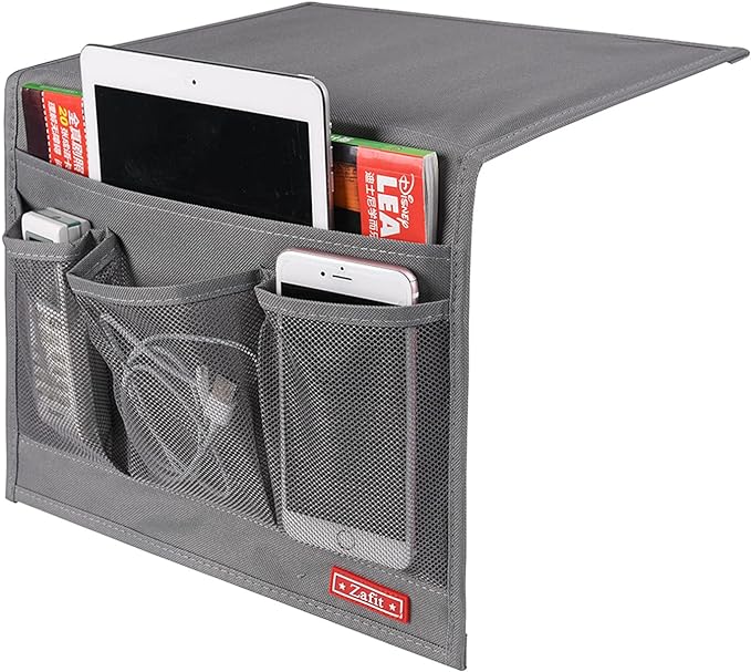 Zafit Bedside Storage Organizer, Table Cabinet Bedside Organizer Caddy for Remotes Phone Glasses (Classic 4 Pockets-Grey)