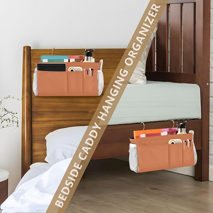 KOPIRIT Orange Bedside Caddy Storage Bag Bedside Organizer for Bed Rails College Dorm Room Hanging Bag Bedside Shelf 6 Pockets with Hooks for Glasses Book Tablet Holder