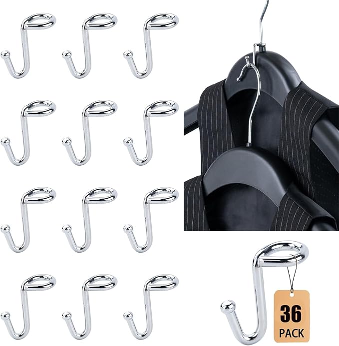 Clothes Hanger Connector Hooks, 36PCS, Clothes Hanger Organizer Mini Space Saving Extender Cascading Connection Hooks for Wooden Velvet Metal Plastic Hangers (Silver)