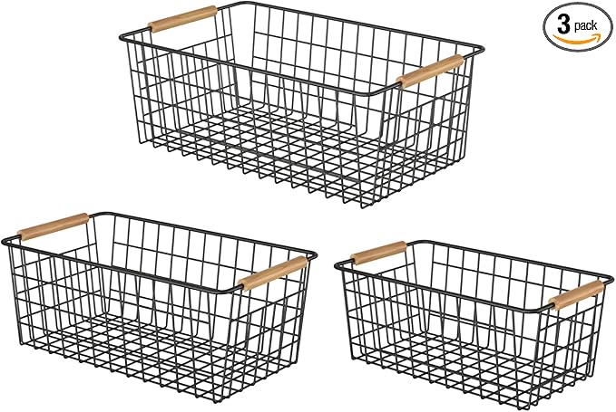 Wire Storage Baskets with Wooden Handles, 3 Pack Metal Organizer Baskets for Kitchen, Pantry, Freezer, Laundry,Farmhouse,Bathroom Baskets for Organizing,Black (1 Small, 1 Medium, 1 Large)